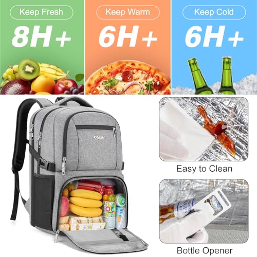 Insulated Lunch Backpack Fit 17" Laptop, Work Backpack with Lunch Box for Men & Women, Water Resistant College Computer Bag for Travel, Business, Hiking - color: Gray