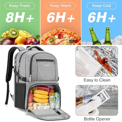 Insulated Lunch Backpack Fit 17" Laptop, Work Backpack with Lunch Box for Men & Women, Water Resistant College Computer Bag for Travel, Business, Hiking - color: Gray