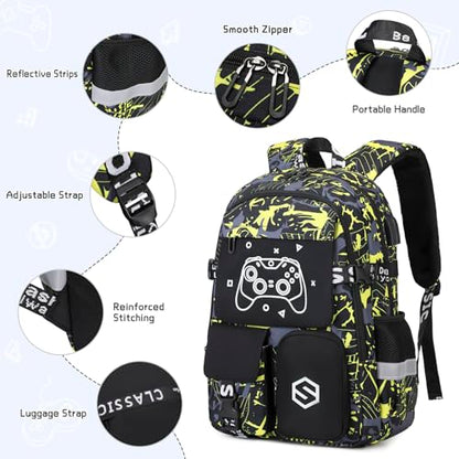 Scothen Boys Backpack, Cool Luminous School Backpacks for Boys with Lunch Bag Pencil Case, Kids Backpack Kindergarten Elementary Middle School Book Bags for Teen Boys Children with USB Charging Port - color: Yellow Graffiti