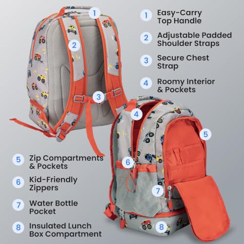Bentgo Kids 2-in-1 Backpack & Insulated Lunch Bag - Durable 16” Backpack & Lunch Container in Unique Prints for School & Travel - Water Resistant, Padded & Large Compartments (Trucks) - color: Trucks