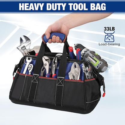 WORKPRO 16-inch Wide Mouth Tool Bag | Heavy Duty Cloth Tool Storage Bag, Water Proof Molded Base, Adjustable Shoulder Strap - color: Blue &Red