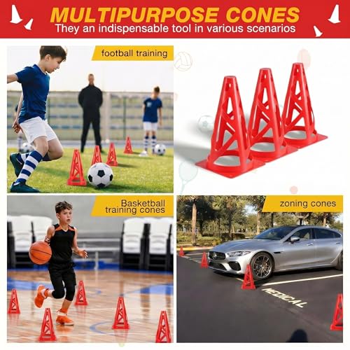 12 Pack Soccer Cones, 9 Inch Agility Cones for Soccer, Football, Basketball, Cones for Sports Training, Speed & Agility Drills, Field Marking Equipment - color: red