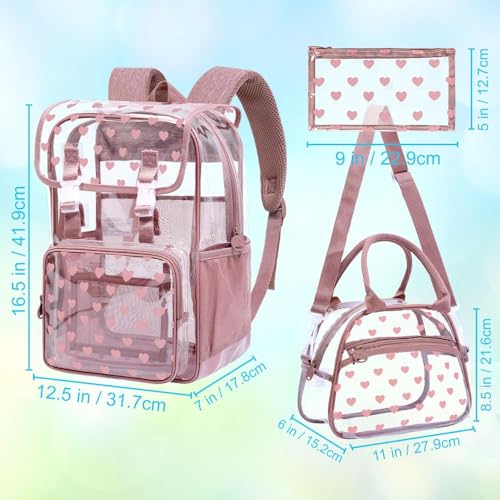 3Pcs Pink Clear Backpack for School, Girls Kids Transparent Bookbag Set, 17" Stadium Approved See Through Backpack with Lunch Box (Pink) - color: Pink Love01