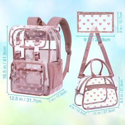 3Pcs Pink Clear Backpack for School, Girls Kids Transparent Bookbag Set, 17" Stadium Approved See Through Backpack with Lunch Box (Pink) - color: Pink Love01