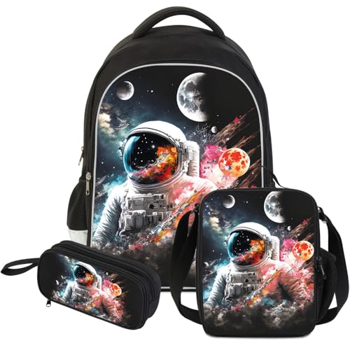 ZRENTAO 3 Pcs Kids Backpack, 3D Reflective Cartoon, 600D Polyester & Dual Zippers, 17" Bookbag with Ergonomic Design for boys & girls age 6-18, Astronaut Space Style for school Children Kids - color: 10##astronautsset