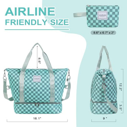 WOOMADA Weekender Bag for Women, Travel Duffel Bags with Shoe Compartment & Wet Pocket, Personal Item Bag for Airlines - color: Turquoise Checkerboard