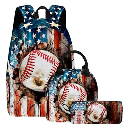 3PCS Backpack for Girls Boys,Teens Flag Baseball Back to School Backpack with Lunch Box Pencil Case, 17 Inch Lightweight Students Backpack 3 in 1 Set for Elementary Middle High School - color: American Flag Baseball