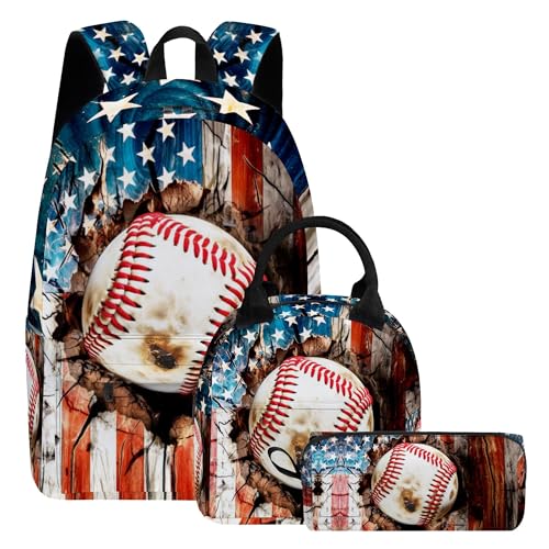 3PCS Backpack for Girls Boys,Teens Flag Baseball Back to School Backpack with Lunch Box Pencil Case, 17 Inch Lightweight Students Backpack 3 in 1 Set for Elementary Middle High School - color: American Flag Baseball