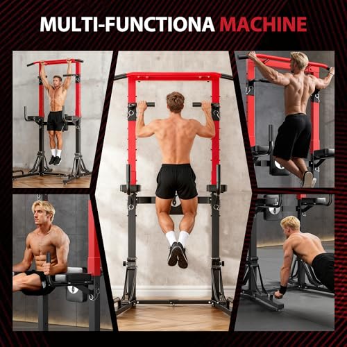 SDHYL Foldable Power Tower Pull Up Bar Station, Multi-Function Adjustable Dip Station Exercise Equipment for Home Gym Workout, Strength Training Fitness Equipment, 330LBS