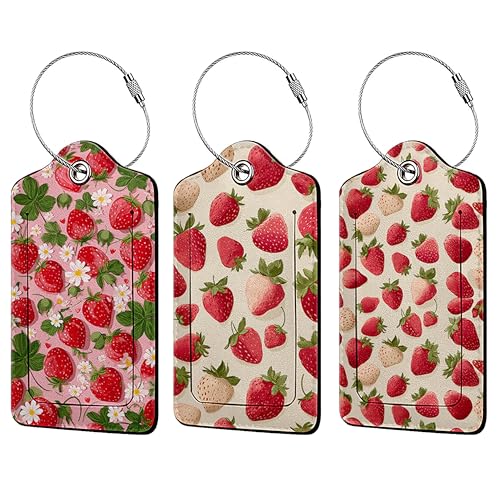 Strawberry 3 Pack Luggage Tags for Suitcases, PU Leather Baggage Suitcases Tag Name ID Label Privacy Cover Travel Bag Tags for Women Men Boys Girls - color: Strawberry