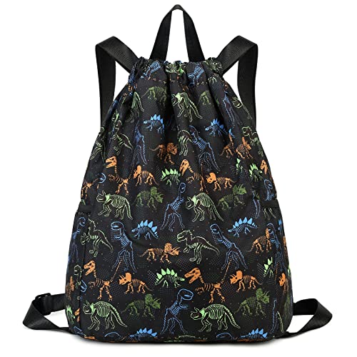 Dinosaur Drawstring Backpack Bulk for Kids Girls Boys Gym Dance String Bags Water Resistant Lightweight Colorful Skeleton Dinosaurs Black - color: Skeleton Dinosaur Black