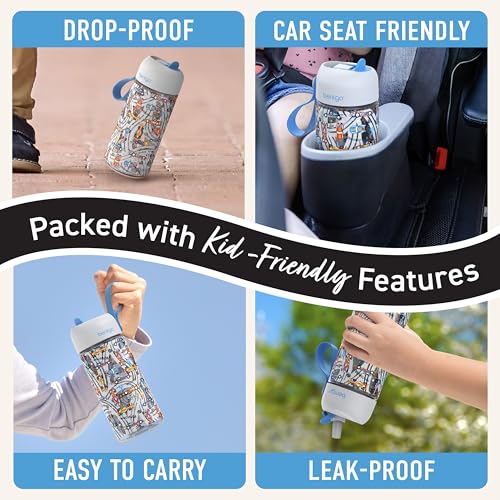 Bentgo Kids Water Bottle - Leak-Proof, Durable Tritan PFAS- & BPA-Free 15 fl oz, Kids/Toddlers Ages 3+ for School & Sports; Bite & Sip Spout, Carrying Handle, Dishwasher Safe (NEW Race Cars) - color: Race Cars