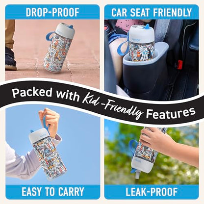 Bentgo Kids Water Bottle - Leak-Proof, Durable Tritan PFAS- & BPA-Free 15 fl oz, Kids/Toddlers Ages 3+ for School & Sports; Bite & Sip Spout, Carrying Handle, Dishwasher Safe (NEW Race Cars) - color: Race Cars