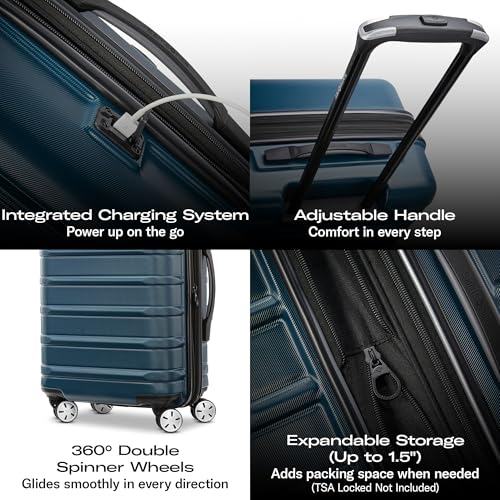 Omni 2 Airline Approved Carry-On Luggage – Stress-Free Size Meets 22x14x9" Requirements – For Fast Trips & Avoiding Baggage Fees – Dual 360° Spinner Wheels, USB Power Hub, Expands 1.5” – Purple - color: Purple, size: Carry-on Spinner