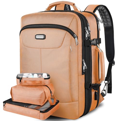 VECKUSON 50L Carry-On Backpack, TSA Approved for Flights, Extra Large Gaming & Travel Laptop Bag, 3 Packing Cubes, RFID Anti-Theft, Heavy Duty Weekender for Men & Women - color: Orange