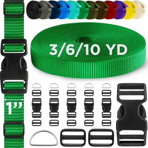 TECEUM Buckles & Strap Kit – 1" Green Nylon Webbing 6 (yd) – 6 Heavy Duty Adjustable Plastic Buckles – 12 Tri-Glide Slide Clips – 6 Metal D-Ring – Ideal Straps for Arts Crafts Outdoors Indoors DIY - color: Green, size: 1" - 6 yards, style: 6 Buckle - 12 S