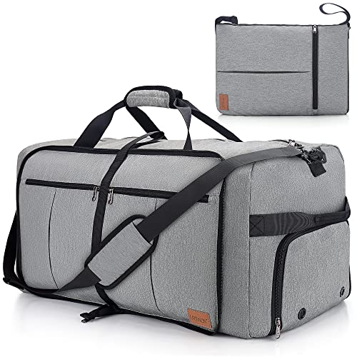 80L Travel Duffle Bag for Men, Large Foldable Duffel Bag for Travel with Shoe Compartment Overnight Weekender Bag Gym Bag for Men Women Waterproof & Tear Resistant (Gray, 80L) - color: Gray, size: 80L