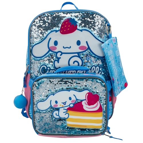 AI ACCESSORY INNOVATIONS Sanrio’s Cinnamoroll 5 Piece Backpack Set, Hello Kitty Kawaii Flip Sequin Girls School Bag with Front Zip Pocket, 2 Side Mesh Pockets, Blue - color: Kawaii