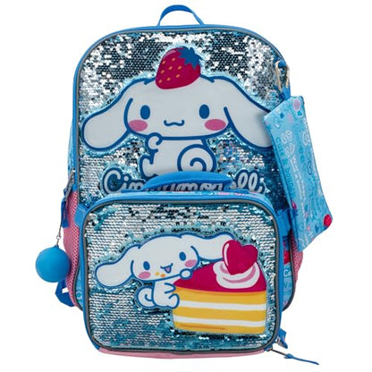 AI ACCESSORY INNOVATIONS Sanrio’s Cinnamoroll 5 Piece Backpack Set, Hello Kitty Kawaii Flip Sequin Girls School Bag with Front Zip Pocket, 2 Side Mesh Pockets, Blue - color: Kawaii