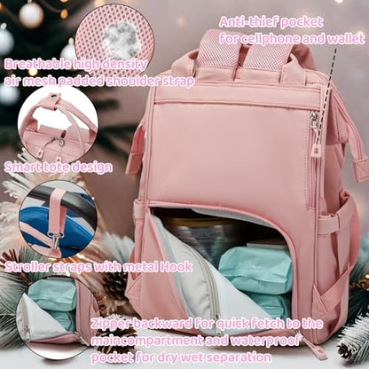 Diaper Bag Backpack for Dad and Mom with USB Charging Port Stroller Straps and Insulated Pocket,army military Travel Nappy Backpack for Daddy/Mommy (Pink) - color: Pink