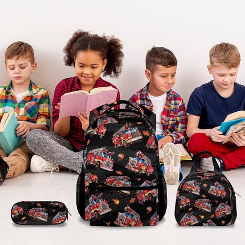 Toddler Boy Backpack Set - Fire Truck Backpacks for Kids - 3Pcs Toddler Bookbag with Lunch Bag and Pencil Pouch - Boys School Bag for Kindergarten/Preschool/Elementary (17 Inch) - color: Red
