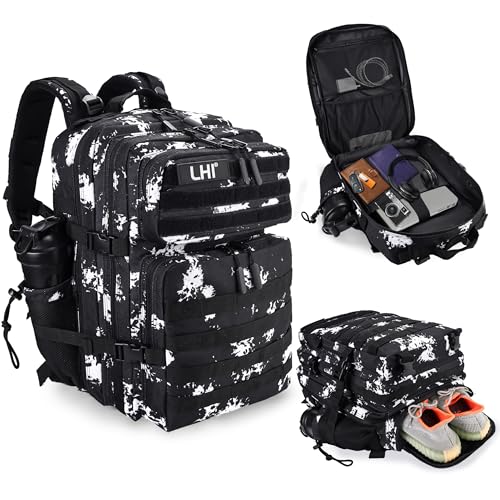 LHI Military Tactical Backpack for Men and Women 45L Army 3 Days Assault Pack Bag Large Rucksack with Shoe Compartment - Black Lightning - color: 1.21 Shoe Compartment（black Lightning）