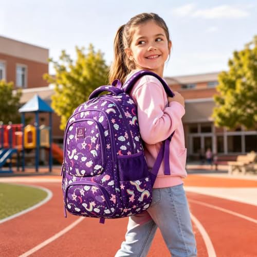 MYGOO Girls School Backpack Doubleday Dream Purple Bookbag for Elementary Middle School Ages 5-12, 17 inch Large Capacity 24L Kids Student Travel Bags - color: Doubleday Dream Purple