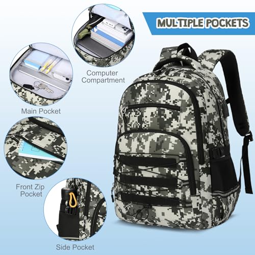 ACESAK Camo Backpack for Boys, Tactical Kids Backpack Boys, School Bags for Boy Children Teens Kids Elementary Middle High School, Military Bookbag and Lunch Bag Pencil Case Set with USB Charging Port - color: Camo Green