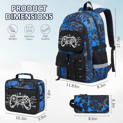 School Backpack for Boys - 4pcs Gamer Boys Backpack with Lunch Box Set for Kids Teens Elementary Middle High School,18″ Large Capacity Students Bookbag with Usb Charging Port & Key-chain - color: Game002-set