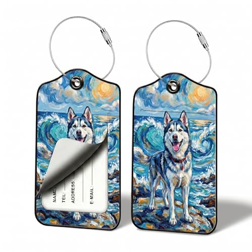 Siberian Husky Dog Luggage Tags for Suitcases, 2 Pack PU Leather Bag Tags | Privacy flap hides address card, steel wire loop fits ski bags, hiking packs, winter carry-ons, gear duffels and cabin trips - color: Siberian Husky