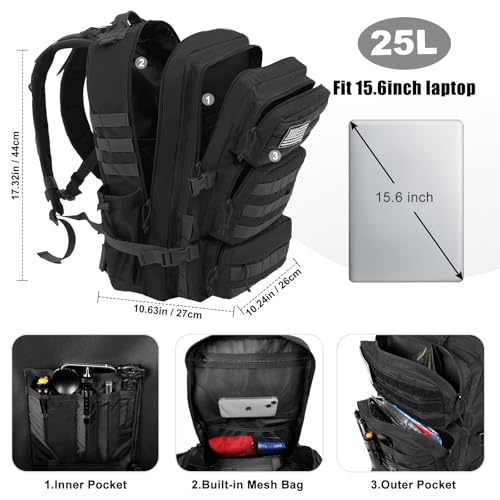 Military Tactical Backpack 25L Day Backpack for Men Molle Army 3 Days Assault Pack Bug Out Bag Water Resistant and Heavy Duty Hiking Treeking Rucksack - Black - color: Black, size: 25L