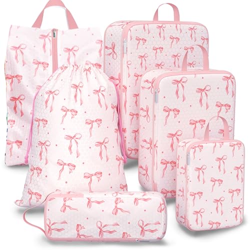 Compression Packing Cubes for Travel, 6 Set Natural Life Luggage Organizers, Lightweight Waterproof Expandable/Compression Bags Bohemia Smell Proof Travel Packing Cubes for Suitcases - color: Pink Bow, size: Set of 6