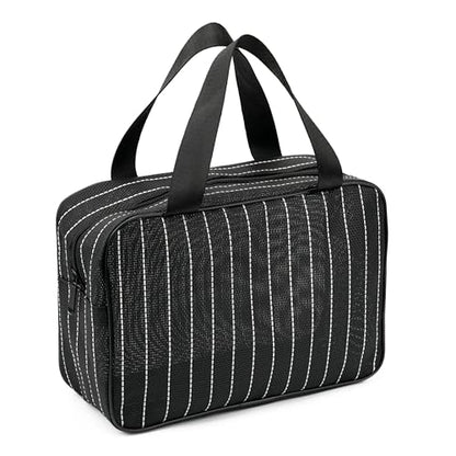 REDSINDA Mesh Shower Caddy Bag for Bathroom Gym Camping Portable Travel Mesh Toiletry Bag for Women Men - color: Large Black with White Stripes