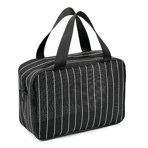 REDSINDA Mesh Shower Caddy Bag for Bathroom Gym Camping Portable Travel Mesh Toiletry Bag for Women Men - color: Large Black with White Stripes