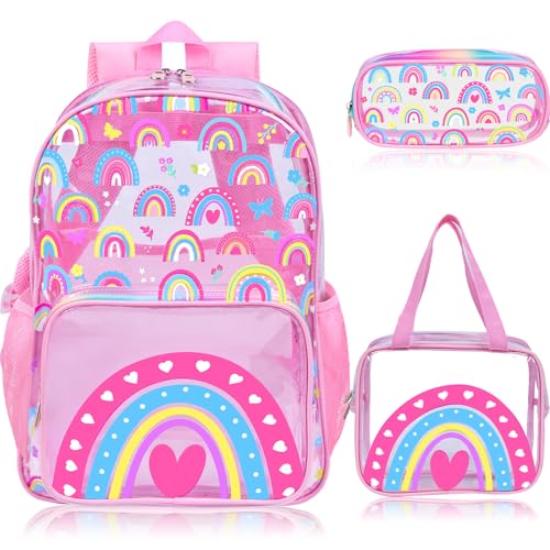 SHPMXUPW 3-Piece Clear PVC School Backpack for Boys and Girls, 17″ Kids Transparent Pink Backpack Set with Lunch Bag & Pencil Case–Adjustable Straps, Side Mesh Pocket & Sturdy Handle (Pink-Rainbow) - color: Pink-Rainbow