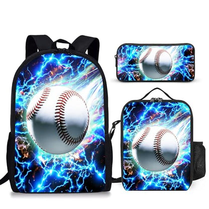 3PCS Boys Backpack, Kids Back To School Backpack with Lunch Box Pencil Case Set, Cool Baseball Backpack for Boys Teens, 17" Schoolbag Bookbag for Elementary Middle High School Students - color: Light Baseball