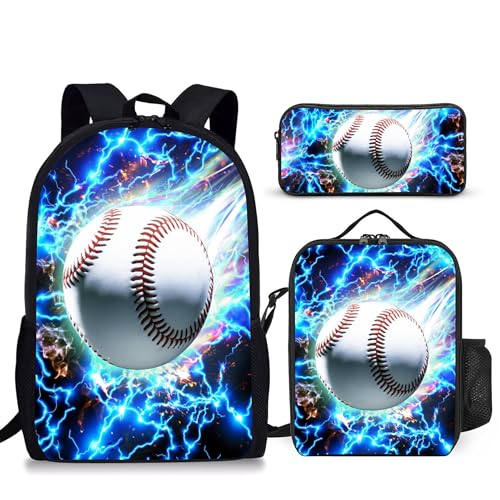 3PCS Boys Backpack, Kids Back To School Backpack with Lunch Box Pencil Case Set, Cool Baseball Backpack for Boys Teens, 17" Schoolbag Bookbag for Elementary Middle High School Students - color: Light Baseball