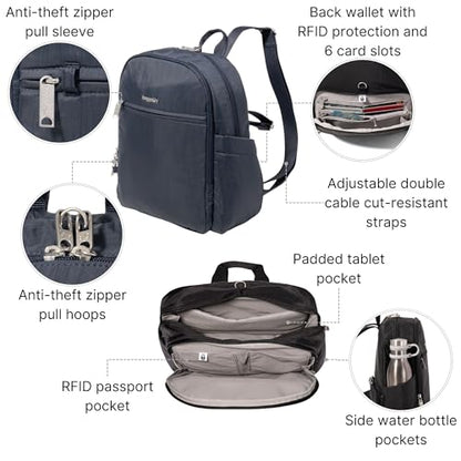 Securtex Anti-Theft Getaway Backpack - 9.4"x13"x5" Travel Safe Bag w/Locking Zippers, Slash-Resistant, RFID - color: French Navy