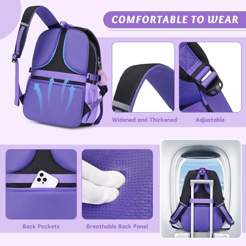 MUSEVOS Kids Teenage Girls Backpack, Elementary/Middle/High Schoolbag, Multi-Compartment Water-resistant Cute Bookbag, 17inch - color: Black-purple