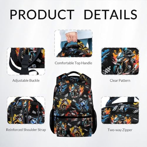 Kids Backpack Set - Motorcycle Backpacks for Boys - 3Pcs Toddler Bookbag with Lunch Box Pencil Case - Boys School Bag for Kindergarten/Preschool/Elementary (17 Inch) - color: Blue