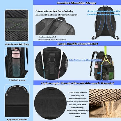 Metaverse Mesh Sports Backpack 20 Inch with Racket Holder for Men Women, Large Travel Gym Beach Backpack with Water Bottle Pockets - color: Black
