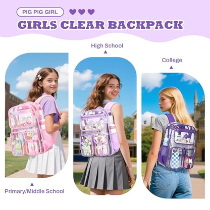 PIG PIG GIRL Clear Backpack for School,Heavy Duty PVC Transparent Bookbag for Girls Stadium Approved See Through Backpack - color: Dark Purple