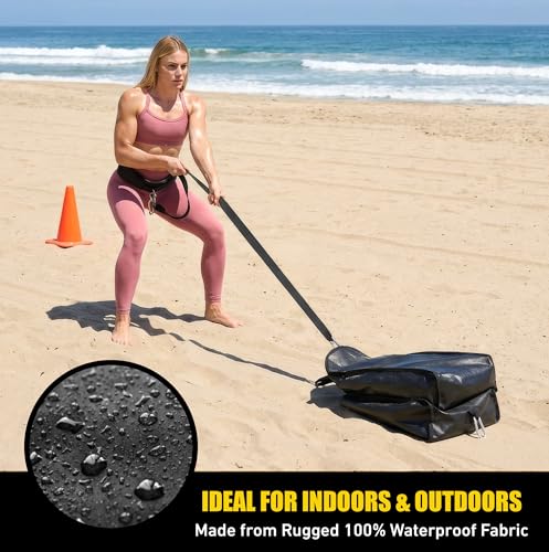 Elite Twin Sand Bag Sled Workout Sled – Waterproof UNFILLED Weight Sled Trainer with 6-Level 10–60 lb Resistance Pull System, Adjustable Waist Strap for Speed, Strength, Endurance & Agility Training