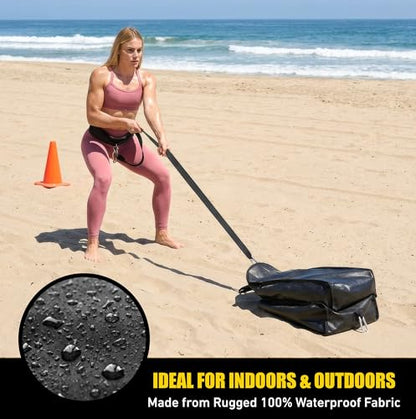 Elite Twin Sand Bag Sled Workout Sled – Waterproof UNFILLED Weight Sled Trainer with 6-Level 10–60 lb Resistance Pull System, Adjustable Waist Strap for Speed, Strength, Endurance & Agility Training