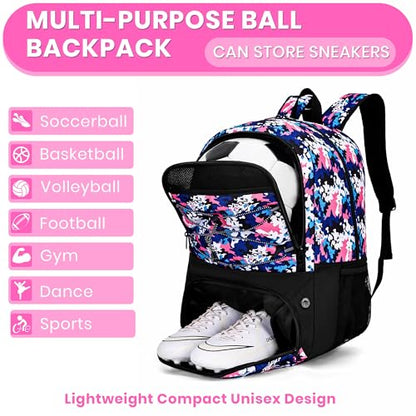Hsmihair Soccer Bag-Soccer Backpack&Backpack for & Football Volleyball & Basketball,with Ball Compartment and Separate Cleat - color: PinkCamo