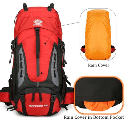 YFREAL 60L Travel Hiking Camping Backpack with Rain Cover,Backpack Water Resistant,Climbing Backpack for Men Women (RED) - color: Red