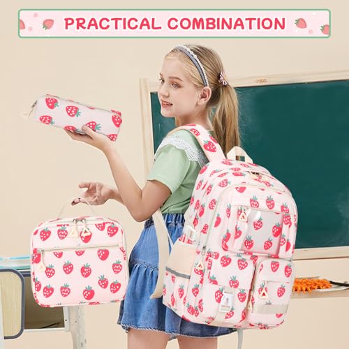 PIG PIG GIRL Backpack for Girls 3pcs Set Kids Backpack with Lunch Box Students Kawaii Book Bag for Elementary Primary Middle School Bags - Ita Backpack - Strawberry - color: Strawberry