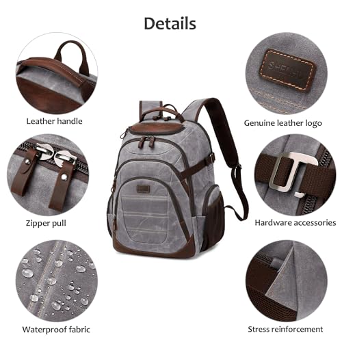 Travel Laptop Backpack 17.3 inch XL Computer Backpack for Men Waxed Canvas College Daypack Business Backpack Gray - color: Gray