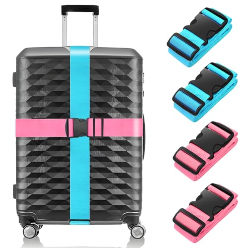 BILIONE 4 Pack Luggage Straps 79" Long Belts Keep Suitcase Secure While Traveling, TSA Approved Add a Bag Premium Accessory for Travel Bag Closure (2PCS Blue + 2PCS Rose Pink) - color: Blue+Rose Pink, size: 4Pcs