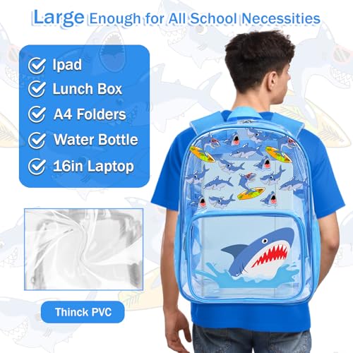 3PCS Clear Blue Backpack for School - Shark Cartoon Kids Clear Backpacks for Boys and Girls, Heavy Duty Transparent Bookbag with Lunch Bag and Pencil Case - See Through PVC Transparent Bookbag - color: Blue-Shark